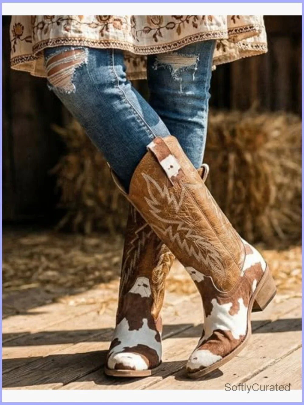 Cow Print Cowboy Boots Knee-High Western Cowgirl Pointed Toe Low Heel - Picture 2 of 6